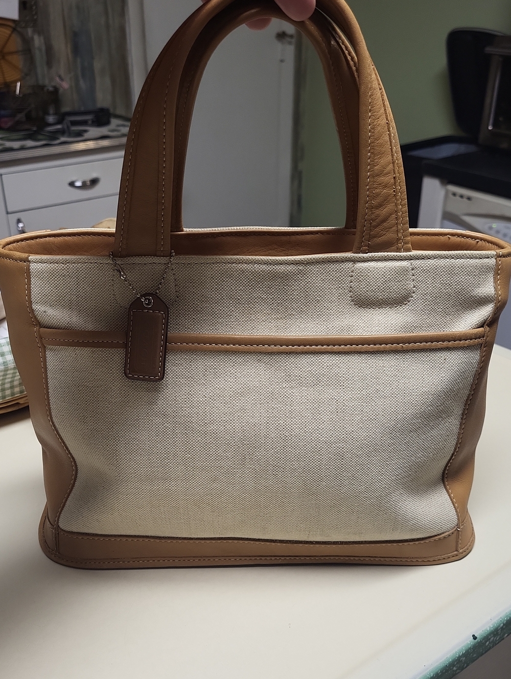 Coach Bleeker Cream Canvas and Tan Leather Satchel